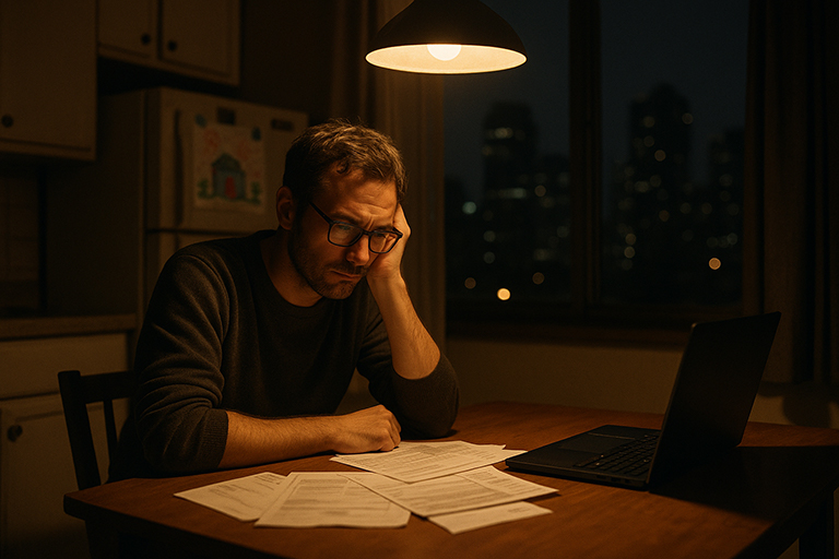 Mid-career tech worker sits at kitchen table. Bills and a closed laptop are spread in front of him.