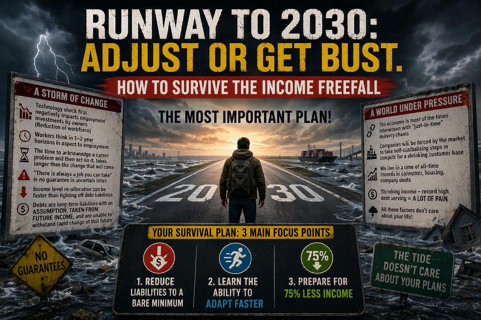 Illustration of a person standing on a road toward 2030 during an economic storm. The image highlights automation, workforce disruption, rising debt, and declining income, emphasizing three survival strategies: reduce liabilities, adapt faster, and prepare for significantly lower income